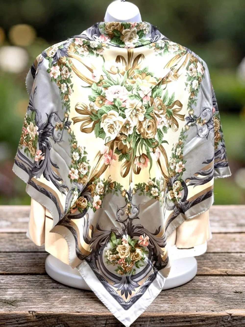 Beautiful Lancel Paris 100% Silk Satin Scarf 34" beige olive green floral (34 - Picture 2 of 9